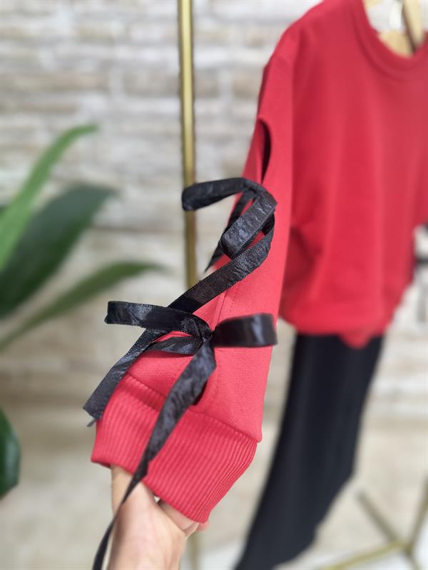 Kız Çocuk Fiyonk Detaytlı 3 İplik Taytlı Kırmızı Takım