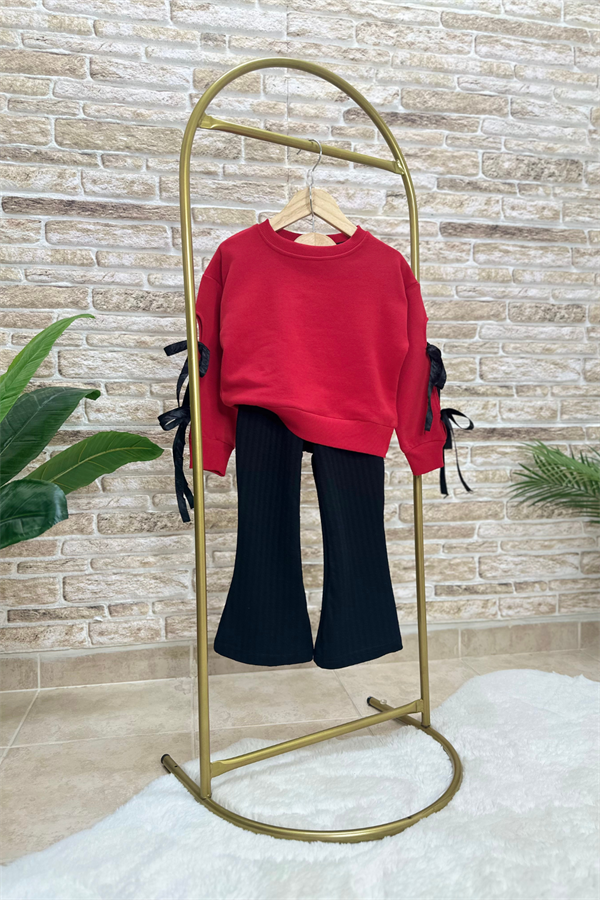 Kız Çocuk Fiyonk Detaytlı 3 İplik Taytlı Kırmızı Takım