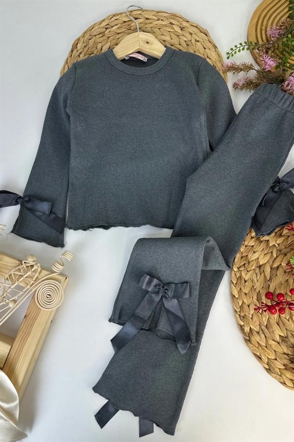 Kız Çocuk Fiyonklu Antrasit Taytlı Takım