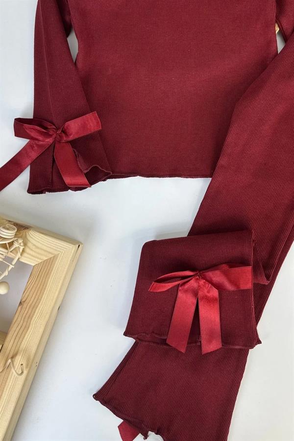 Kız Çocuk Fiyonklu Bordo Taytlı Takım