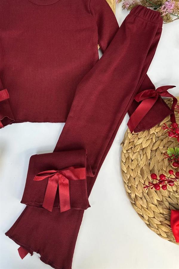 Kız Çocuk Fiyonklu Bordo Taytlı Takım