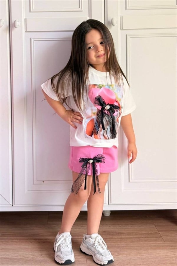 Kız Çocuk Fiyonklu Şapka Model Şortlu Takım