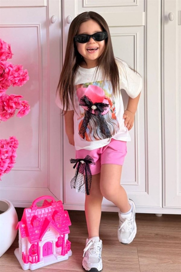 Kız Çocuk Fiyonklu Şapka Model Şortlu Takım