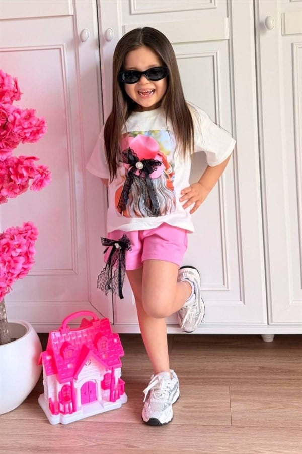 Kız Çocuk Fiyonklu Şapka Model Şortlu Takım