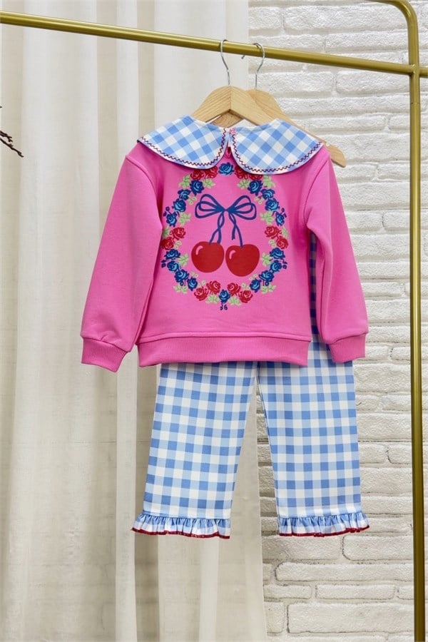 Kız Çocuk Gabardin Ekoseli Pantolon Kirazlı Sweat Takım
