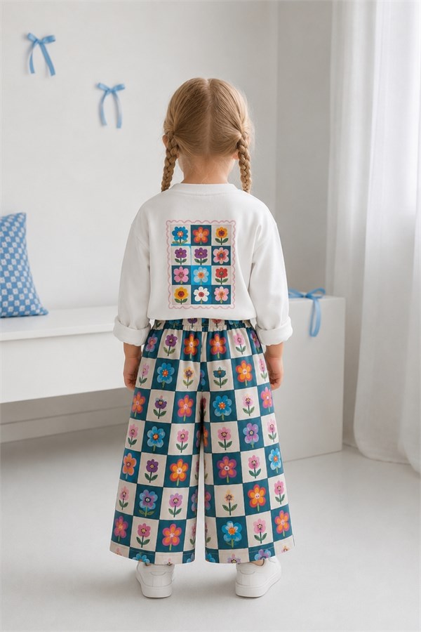 Kız Çocuk Gabardin Pantolon Çiçekli Takım