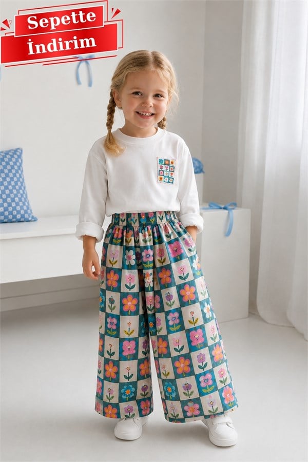 Kız Çocuk Gabardin Pantolon Çiçekli Takım
