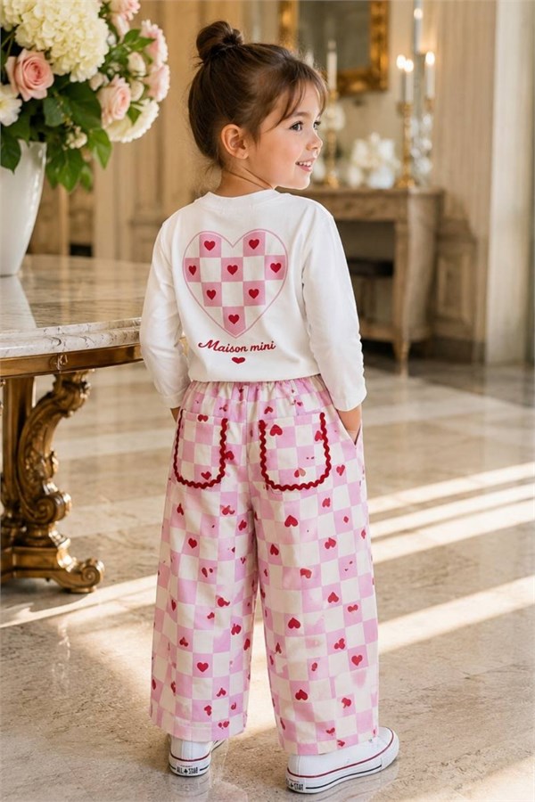Kız Çocuk Gabardin Pantolon Kalpli Takım