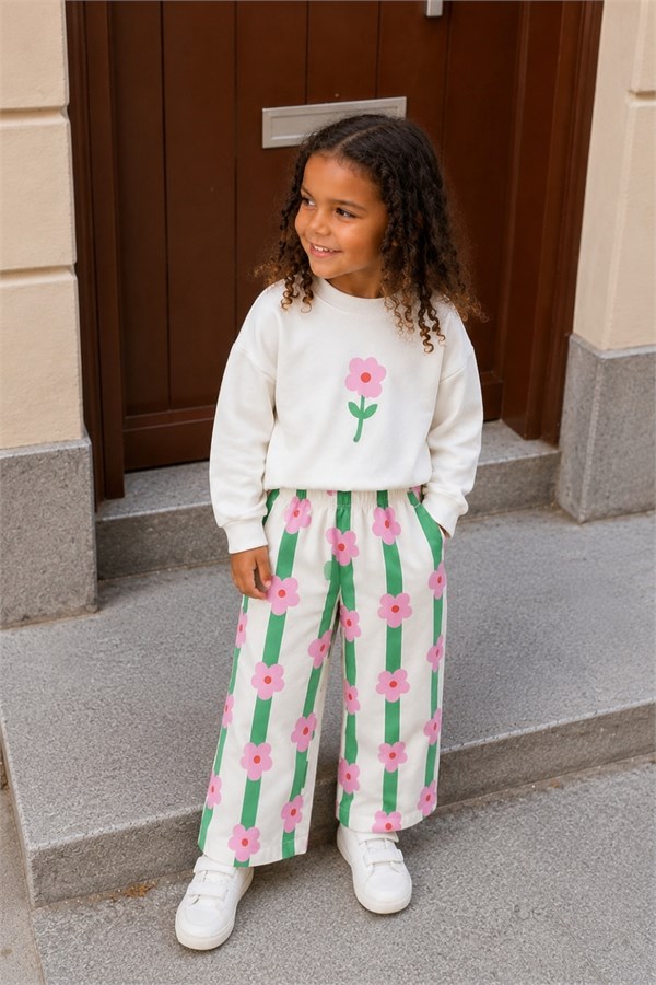 Kız Çocuk Gabardin Pantolon Pembe Çiçekli Takım