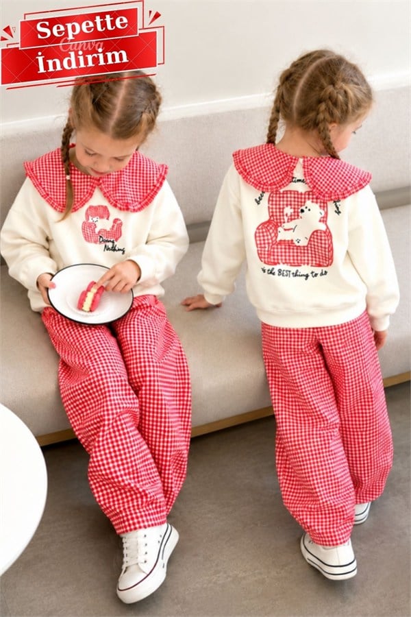 Kız Çocuk Gabardin Pantolonlu Ayıcıklı Pötikare Takım