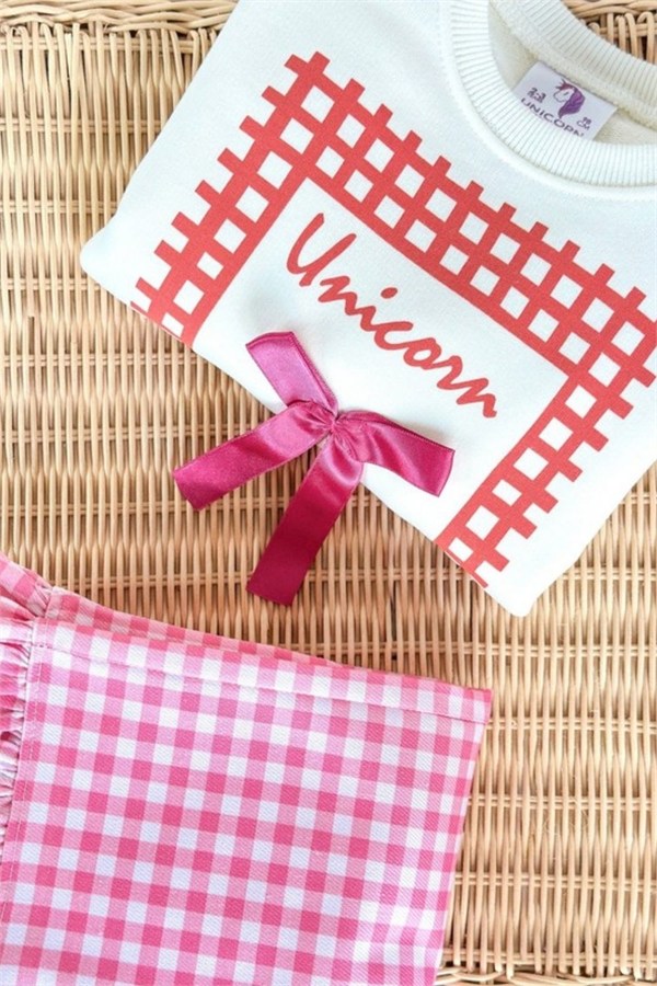 Kız Çocuk Gabardin Pantolonlu Unicorn Fiyonklu Takım