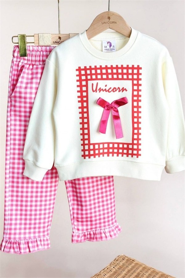 Kız Çocuk Gabardin Pantolonlu Unicorn Fiyonklu Takım