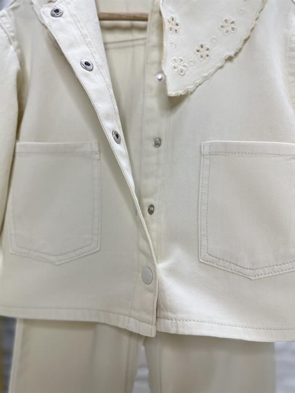 Kız Çocuk İnce Denim Güpürlü Krem Takım