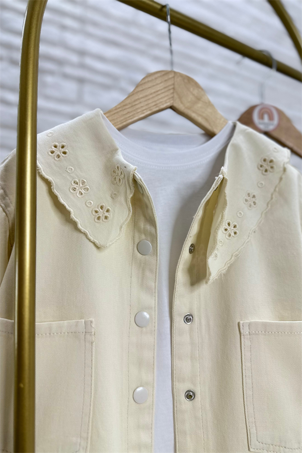 Kız Çocuk İnce Denim Güpürlü Krem Takım