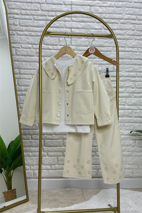 Kız Çocuk İnce Denim Güpürlü Krem Takım