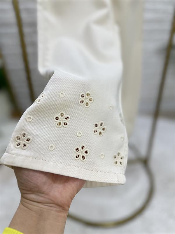 Kız Çocuk İnce Denim Güpürlü Krem Takım