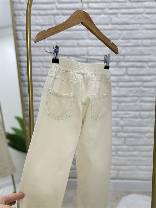 Kız Çocuk İnce Denim Güpürlü Krem Takım