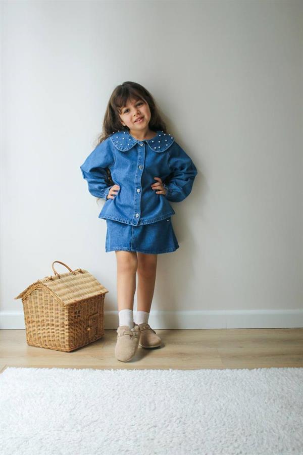 Kız Çocuk İnci Detaylı Etekli Denim Takım