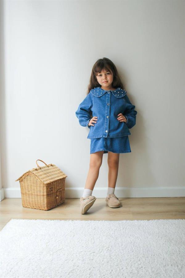 Kız Çocuk İnci Detaylı Etekli Denim Takım