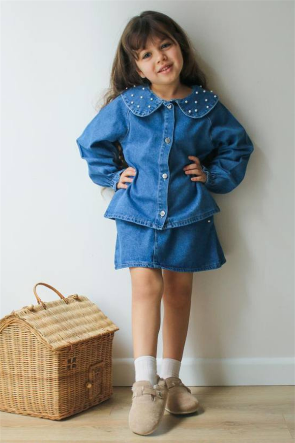 Kız Çocuk İnci Detaylı Etekli Denim Takım