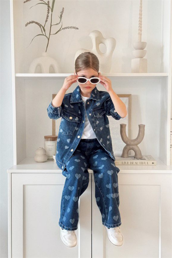 Kız Çocuk Kalpli Ceket & Jean Takım
