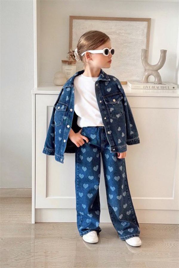 Kız Çocuk Kalpli Ceket & Jean Takım