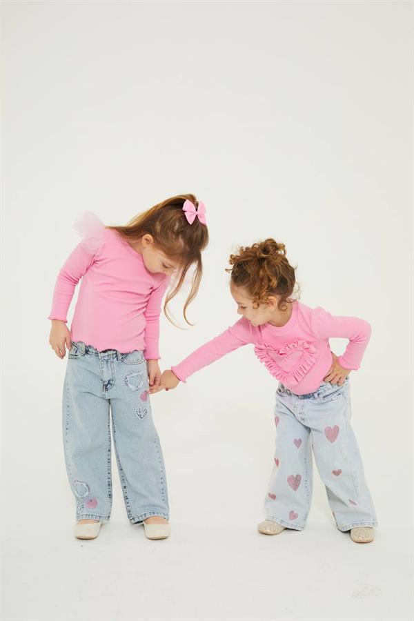 Kız Çocuk Kalpli Jean & Bluz Takım
