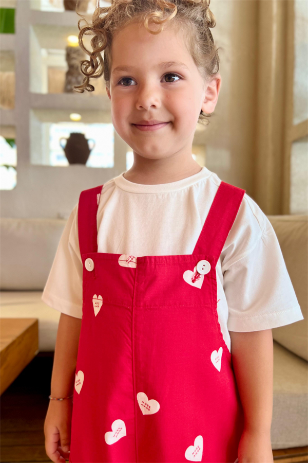 Kız Çocuk Kalpli Kanvas Salopet Tshirt Dahil