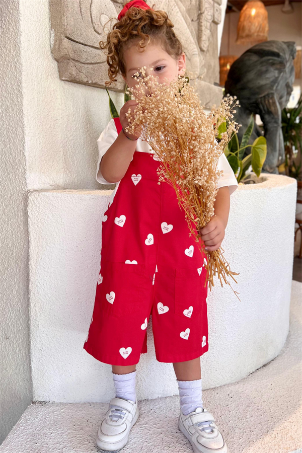 Kız Çocuk Kalpli Kanvas Salopet Tshirt Dahil