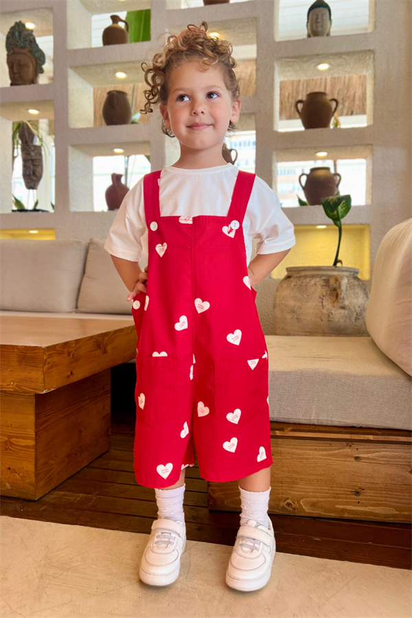 Kız Çocuk Kalpli Kanvas Salopet Tshirt Dahil