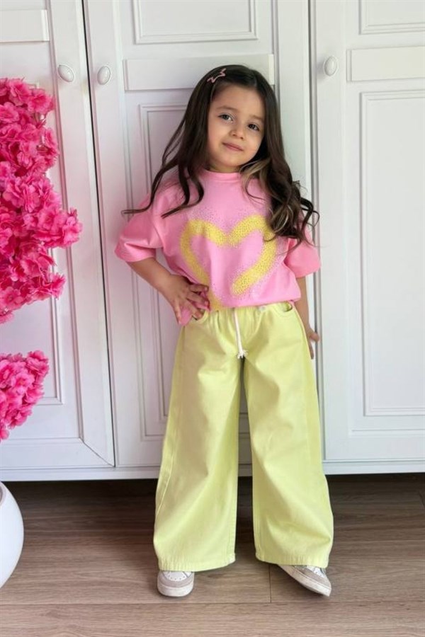 Kız Çocuk Kalpli Pembeli Sarılı Denim İspanyol Takım