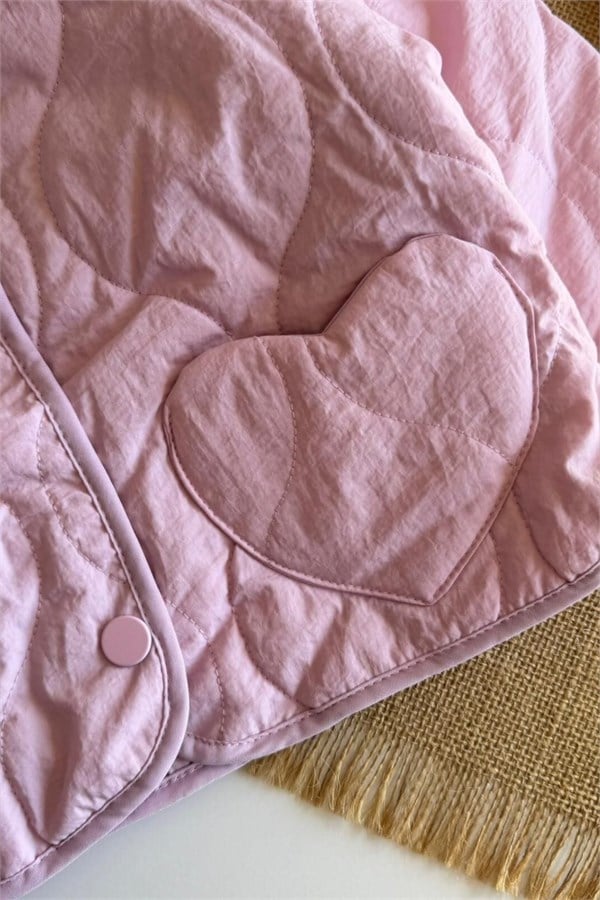 Kız Çocuk Kapitone Kalpli Pembe ceket