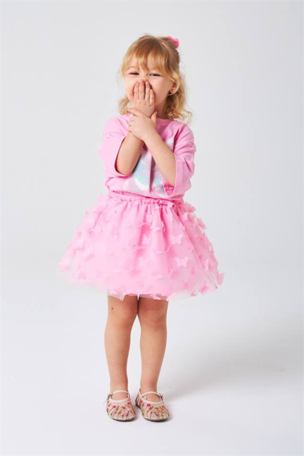 Kız Çocuk Kelebekli Pembe Etekli Takım 