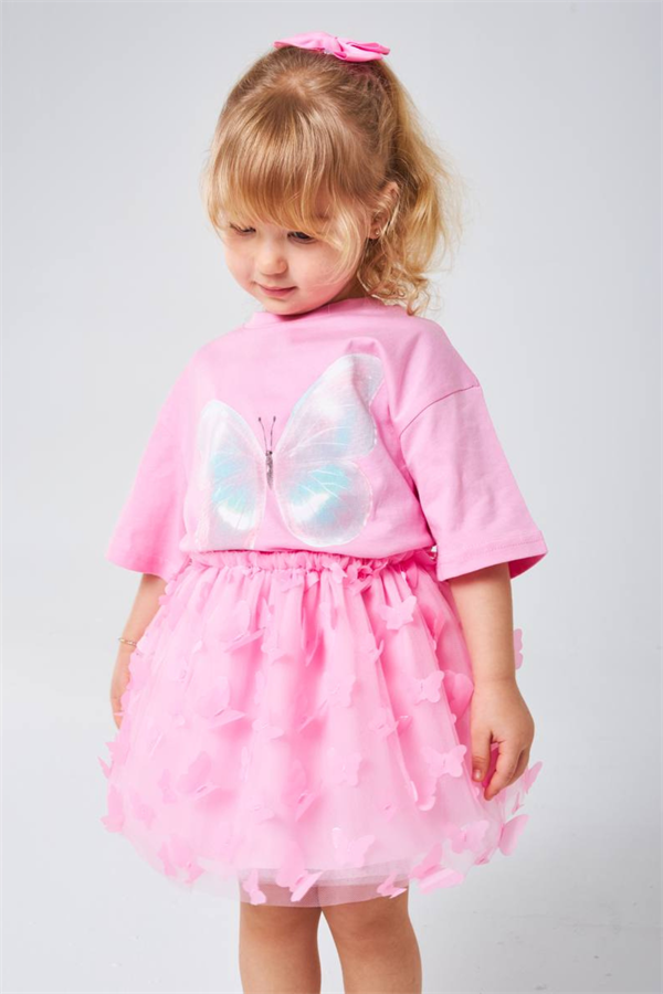 Kız Çocuk Kelebekli Pembe Etekli Takım 