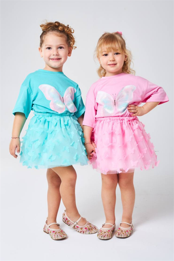 Kız Çocuk Kelebekli Pembe Etekli Takım 