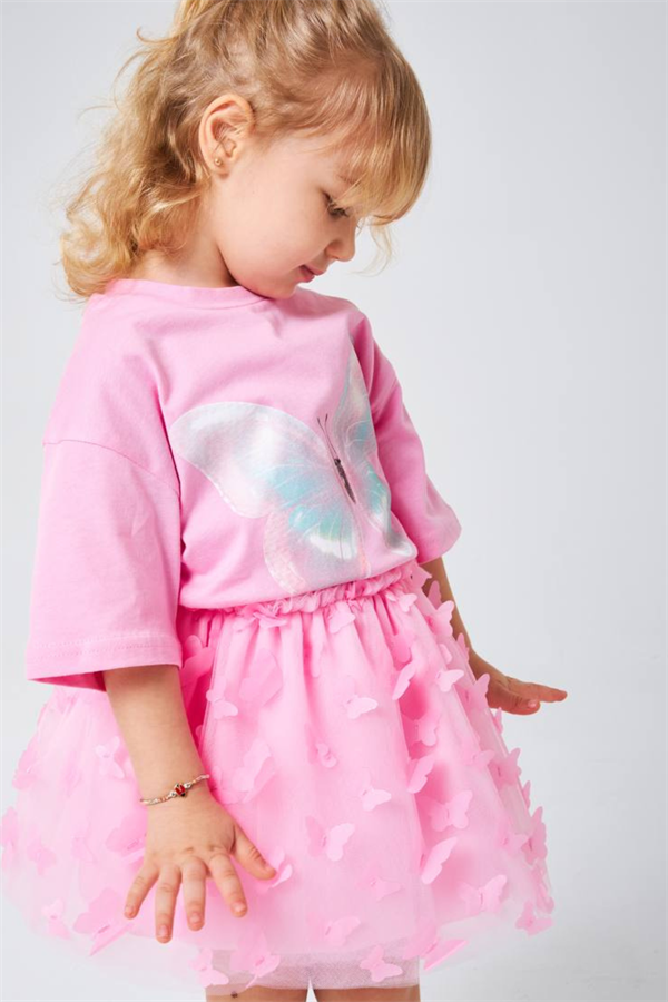 Kız Çocuk Kelebekli Pembe Etekli Takım 