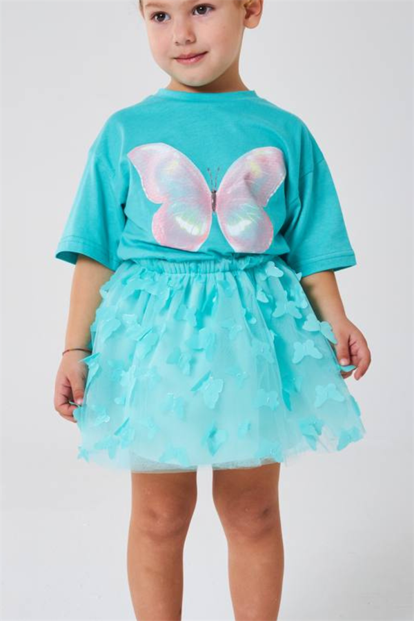 Kız Çocuk Kelebekli Turkuaz Etekli Takım 