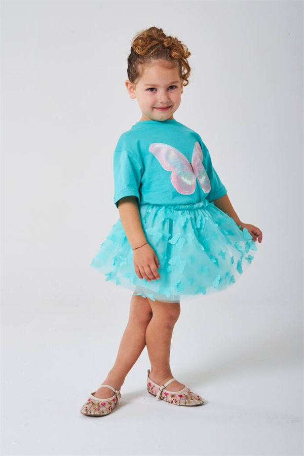 Kız Çocuk Kelebekli Turkuaz Etekli Takım 
