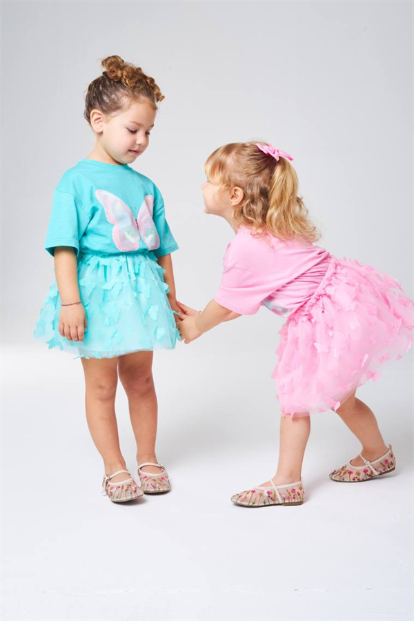 Kız Çocuk Kelebekli Turkuaz Etekli Takım 