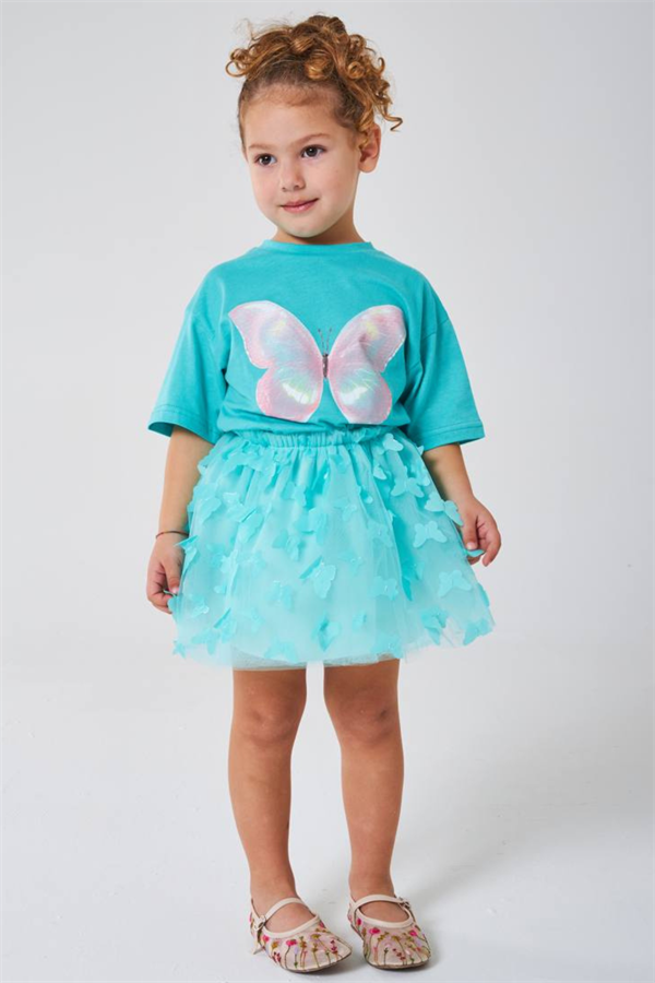 Kız Çocuk Kelebekli Turkuaz Etekli Takım 