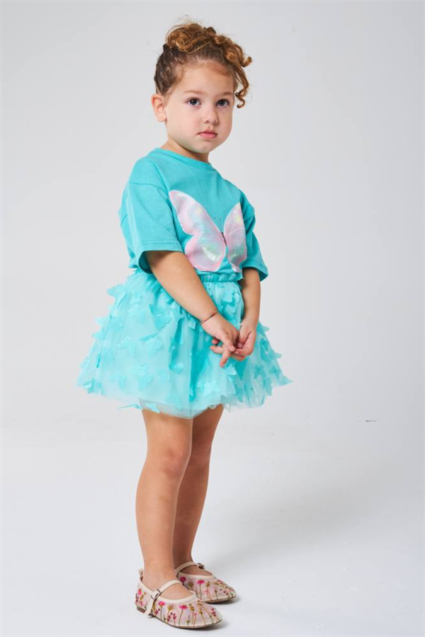 Kız Çocuk Kelebekli Turkuaz Etekli Takım 