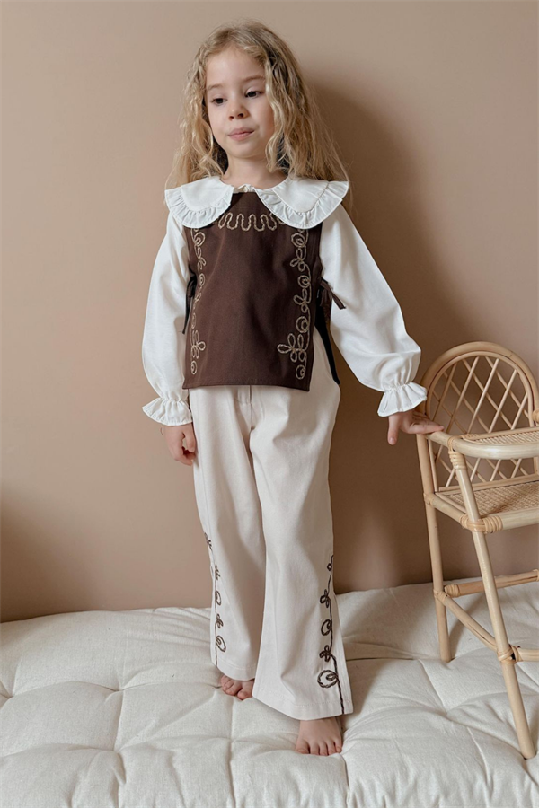 Kız Çocuk Keten 3 Parça Gömlekli Nakışlı Kahve Takım