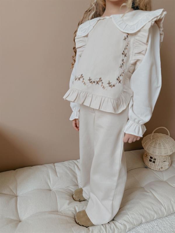 Kız Çocuk Keten 3 Parça Gömlekli Pantolon Krem Takım