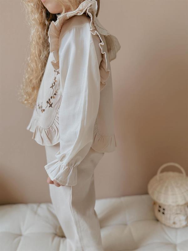 Kız Çocuk Keten 3 Parça Gömlekli Pantolon Krem Takım