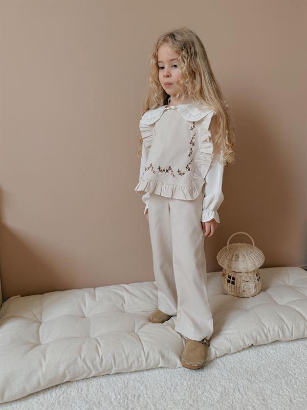 Kız Çocuk Keten 3 Parça Gömlekli Pantolon Krem Takım