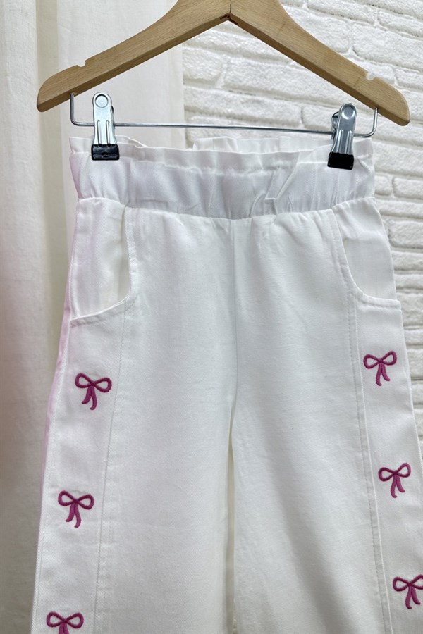 Kız Çocuk Keten Gömlek Fiyonklu Denim Takım