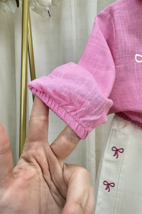 Kız Çocuk Keten Gömlek Fiyonklu Denim Takım