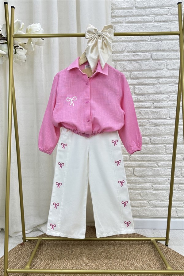 Kız Çocuk Keten Gömlek Fiyonklu Denim Takım