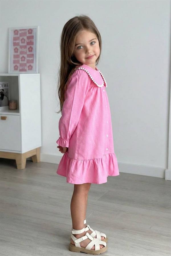 Kız Çocuk Keten  Pembe Elbise