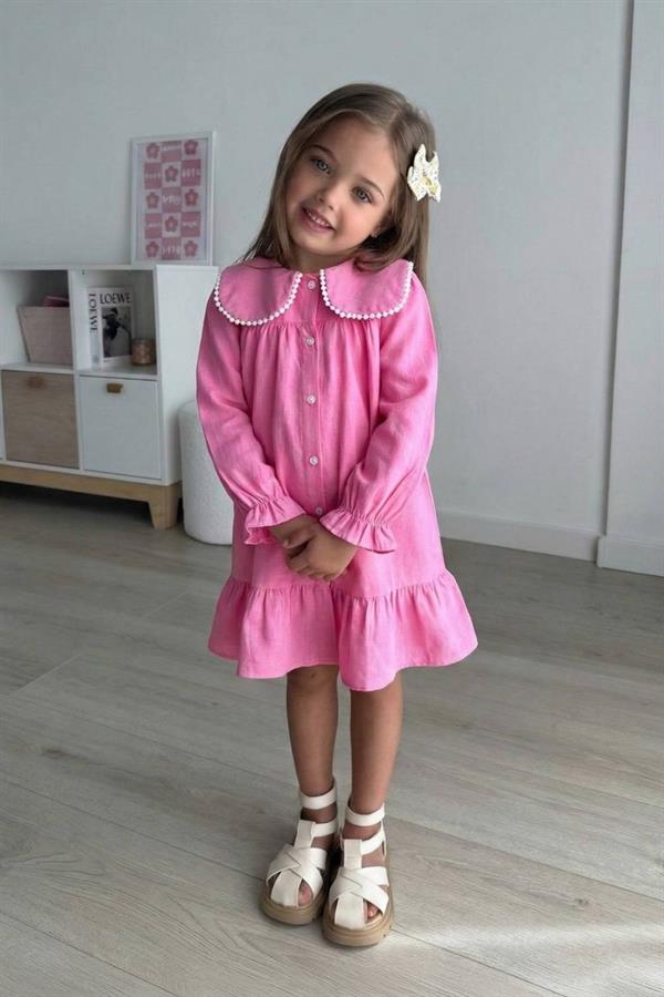 Kız Çocuk Keten  Pembe Elbise